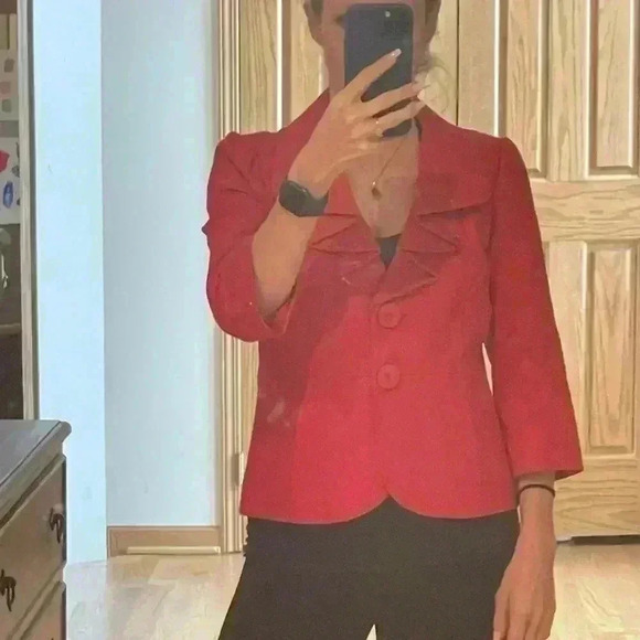 NWOT HALOGEN 3/4 Sleeve Red Ruffle Blazer Jacket Size Small P. - Picture 8 of 13